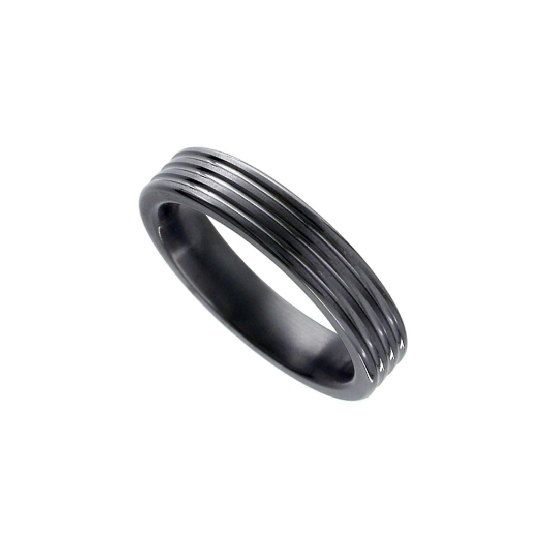 Black zirconium flat court 'Multi-grooved' 6.0mm to 7.0mm wedding band.