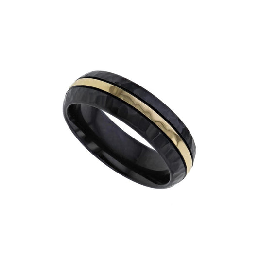 Black zirconium domed profile 'Hammered' 6.0mm to 7.0mm ring with precious yellow metal central inlay.