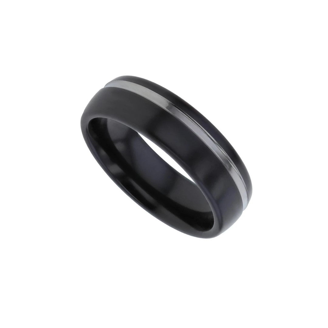 Black zirconium domed 6.0mm to 7.0mm ring with offset milled natural recess.