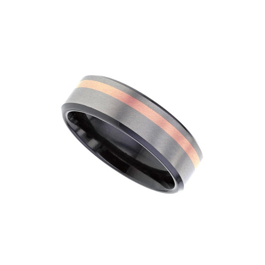 Black zirconium flat profile 6.0mm to 7.0mm ring with off set precious red metal inlay.