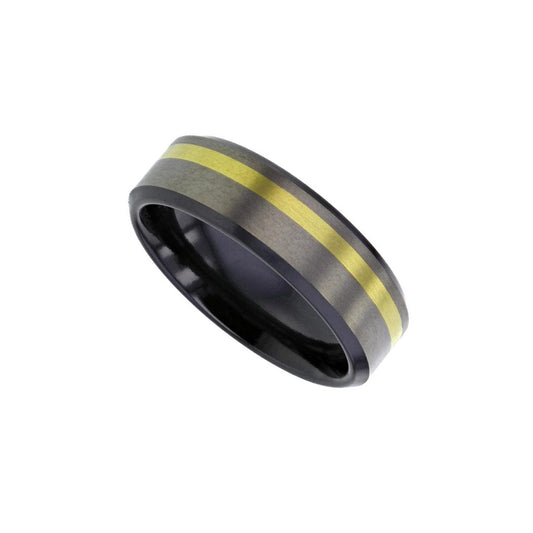 Black zirconium flat profile 6.0mm to 7.0mm ring with off set precious yellow metal inlay.
