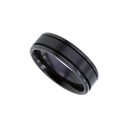 Black zirconium flat profile 6.0mm to 7.0mm ring with 'Railed' egdes.