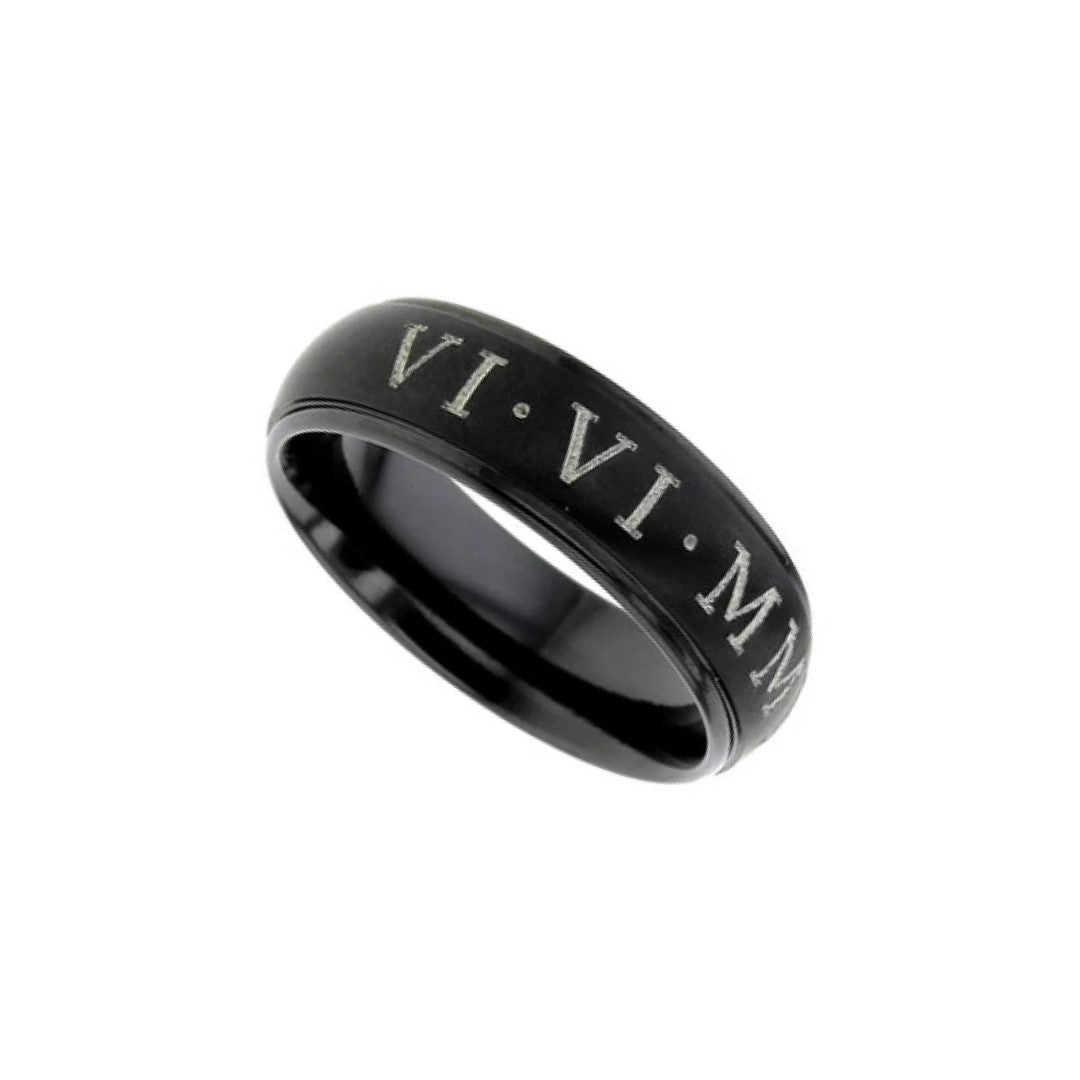 Black zirconium domed profile 6.0mm to 7.0mm ring with laser engraved roman numerals