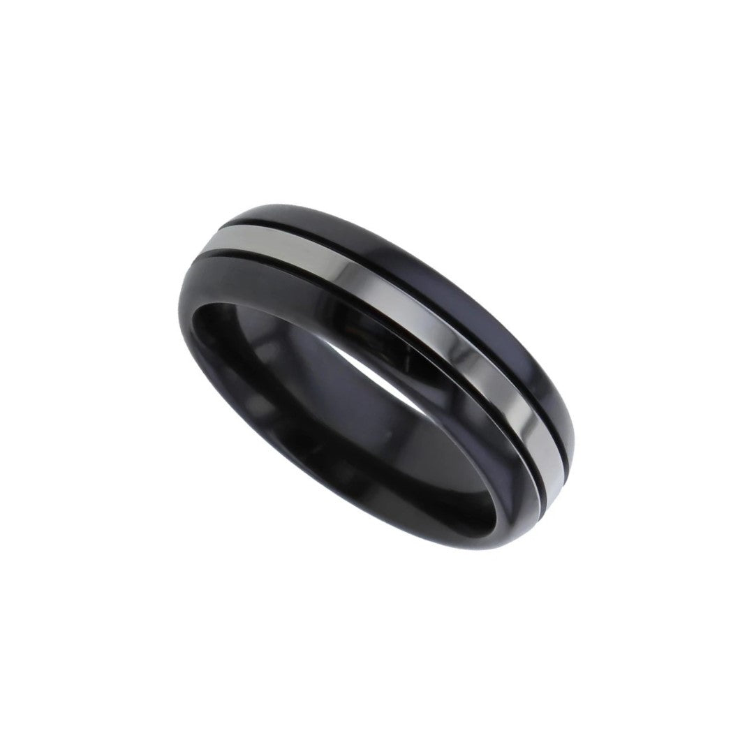 Black zirconium domed profile 6.0mm to 7.0mm ring with white zirconium central inlay.