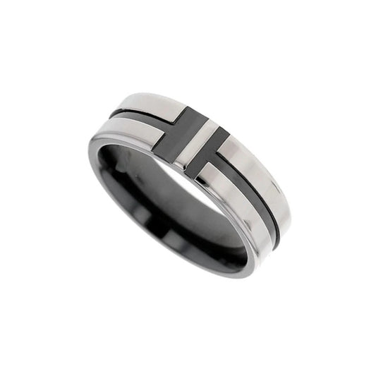 Black zirconium flat profile 6.0mm to 7.0mm ring with twin striped detail.