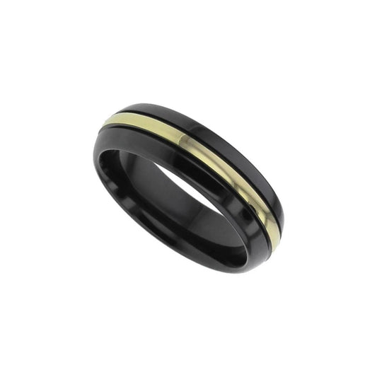 Black zirconium domed profile 6.0mm to 7.0mm ring with precious yellow metal central inlay.
