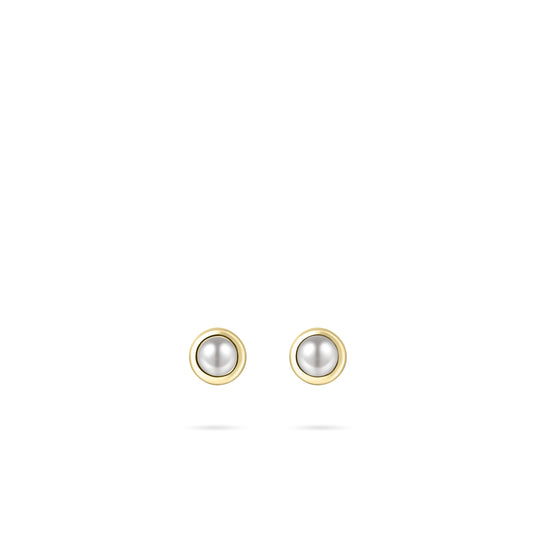 Gisser Gold plated silver stud earrings with simulated pearl in bezel setting.E1001YWP