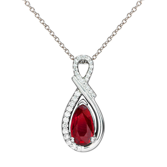 Bespoke: Platinum infinity design unheated pear shaped ruby & brilliant cut diamond drop pendant - 0.18ct