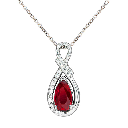 Platinum infinity design unheated pear shaped ruby & brilliant cut diamond drop pendant. Henry D Johnstone Jewellers, Alderley Edge, Poynton, Cheshire.