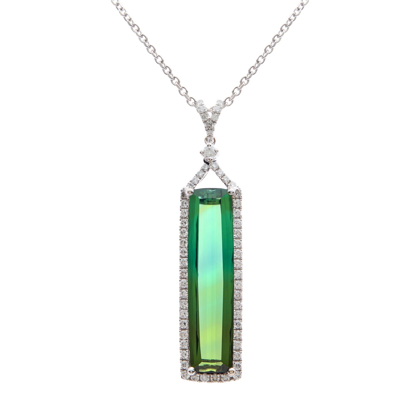 18ct white gold & tourmaline drop diamond set pendant. Henry D Johnstone Jewellers, Alderley Edge, Poynton, Cheshire.
