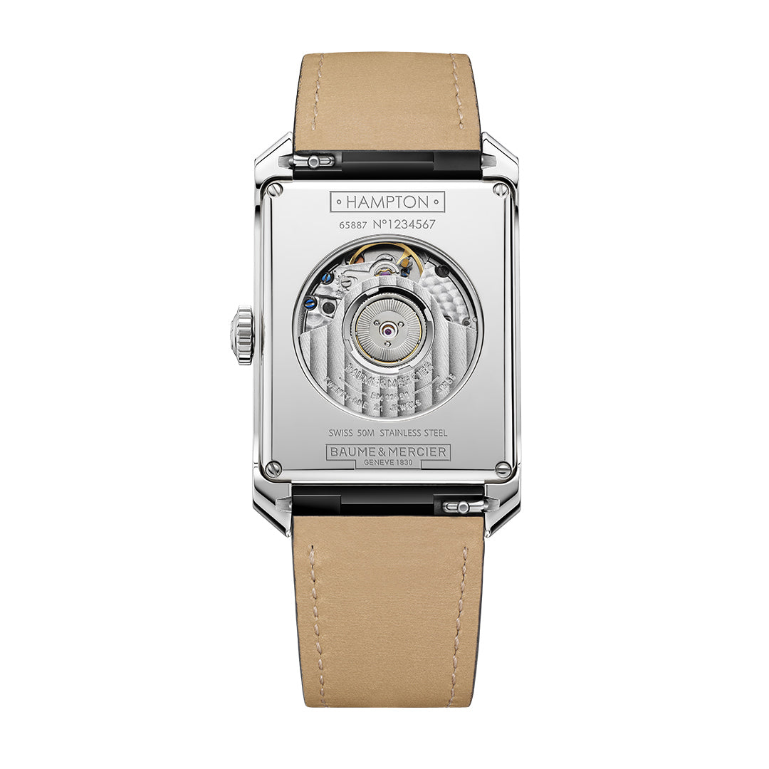 Exhibition case back for Baume & Mercier Hampton Watch. Henry D Johnstone Jewellers. Alderley Edge, Poynton, Cheshire.