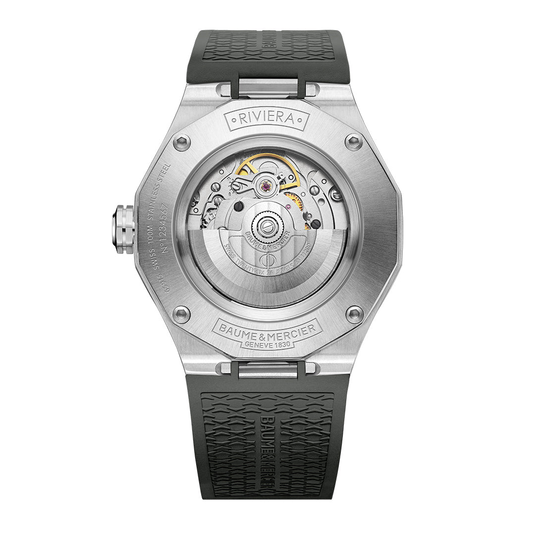 Baume & Mercier exhibition case back Swiss made watch. Henry D Johnstone Jewellers. Alderley Edge, Poynton, Cheshire.