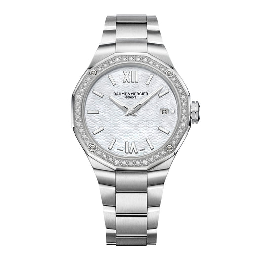 Baume and Mercier stainless steel 'Riviera' diamond set bezel bracelet watch. Henry D Johnstone Jewellers. Alderley Edge, Poynton, Cheshire.