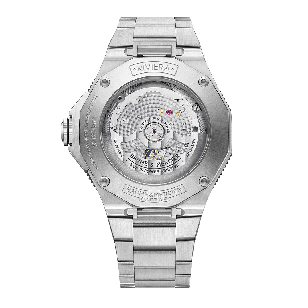Baume & Mercier exhibition case back Swiss made watch. Henry D Johnstone Jewellers. Alderley Edge, Poynton, Cheshire.