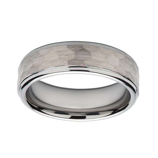 Tungsten carbide wedding band with hammered effect. Henry D Johnstone Jewellers. Alderley Edge, Poynton, Cheshire.