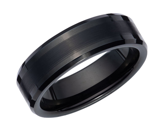 Tungsten carbide 7.0mm black IP plated wedding band on display