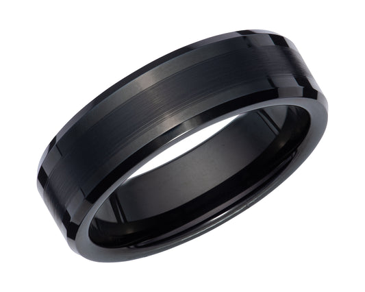 Tungsten carbide 7.0mm black IP plated wedding band on display. Henry D Johnstone Jewellers. Alderley Edge, Poynton, Cheshire.