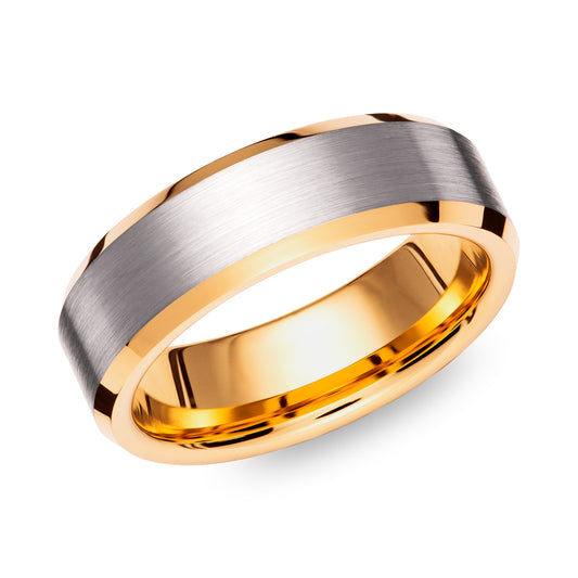 7.0mm flat wedding ring with yellow IP plating. Henry D Johnstone Jewellers. Alderley Edge, Poynton, Cheshire.