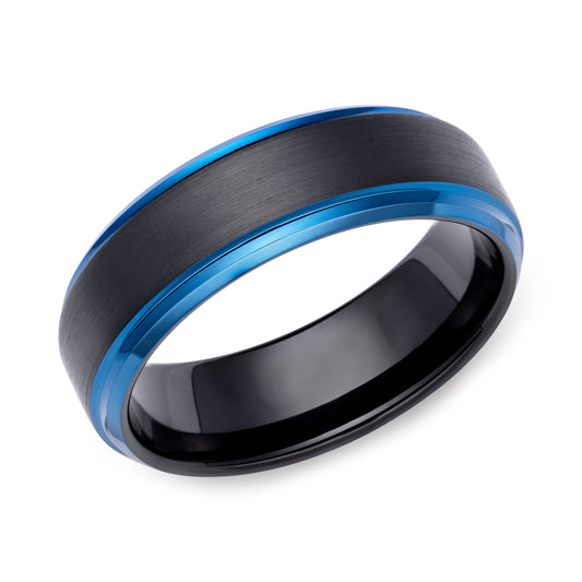 Tungsten carbide wedding ring with blue IP plating. Henry D Johnstone Jewellers. Alderley Edge, Poynton, Cheshire.