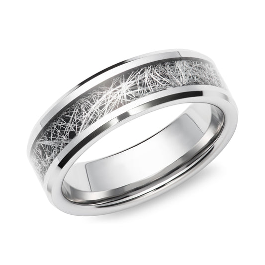 Modern tungsten carbide ring with meteorite paper design. Henry D Johnstone Jewellers. Alderley Edge, Poynton, Cheshire.