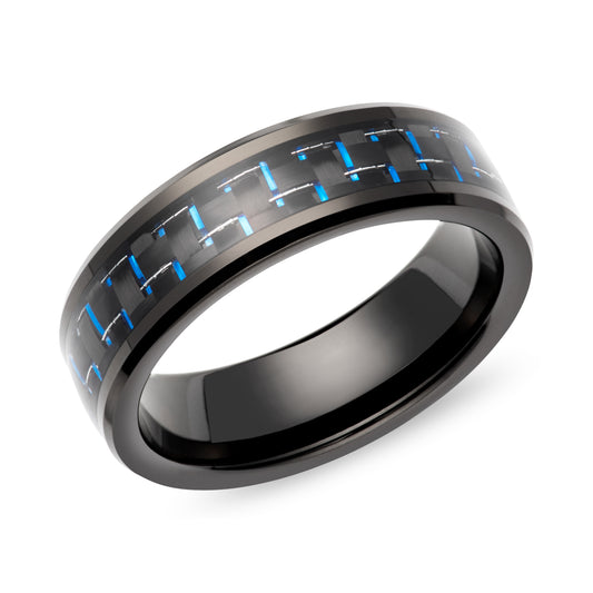 Tungsten carbide wedding band with black IP plating. Henry D Johnstone Jewellers. Alderley Edge, Poynton, Cheshire.