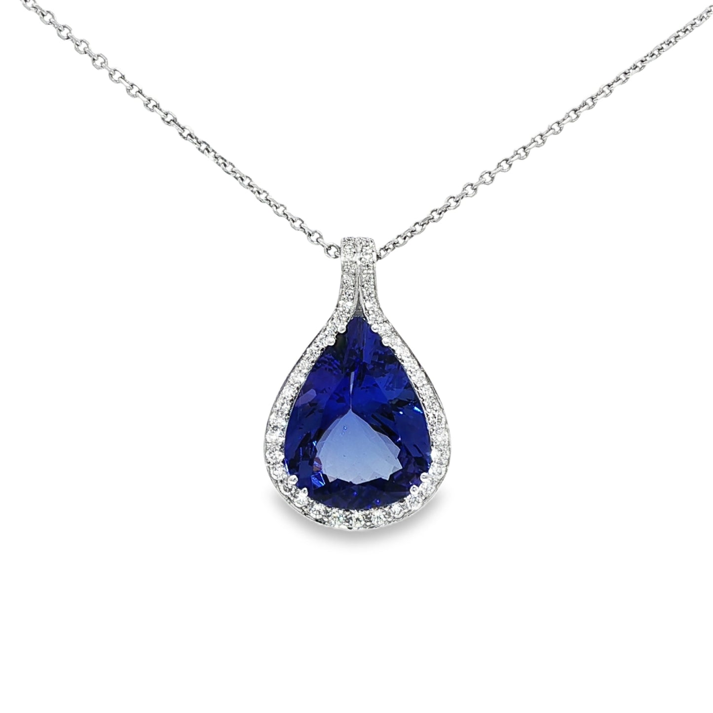 18ct white gold pear shape tanzanite & diamond pendant.