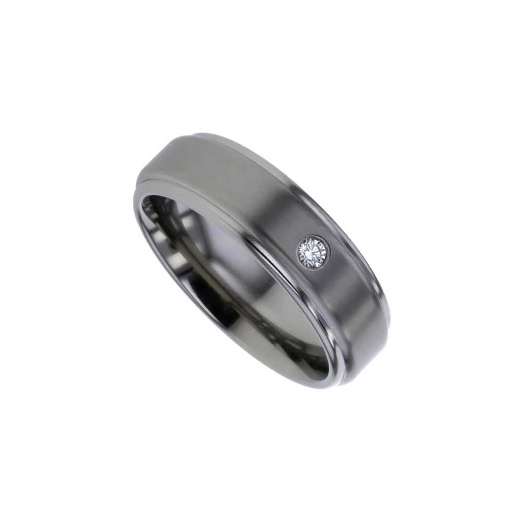 Titanium recessed edged 6.0mm to 7.0mm wedding band set with one round brilliant cut diamond - Satin/Polish finish.