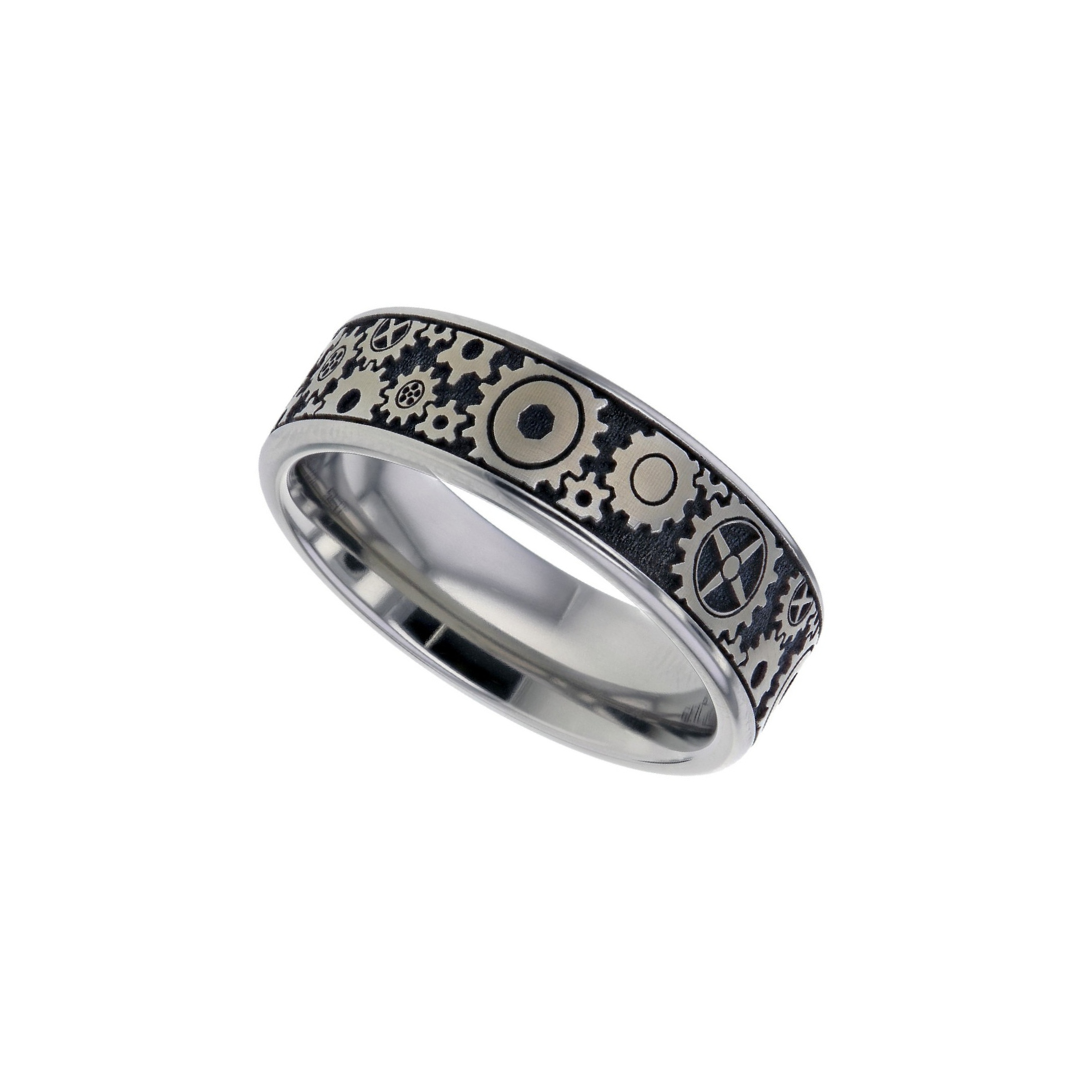 Titanium laser engraved 'Gears' 6.0mm to 7.0mm wedding band.