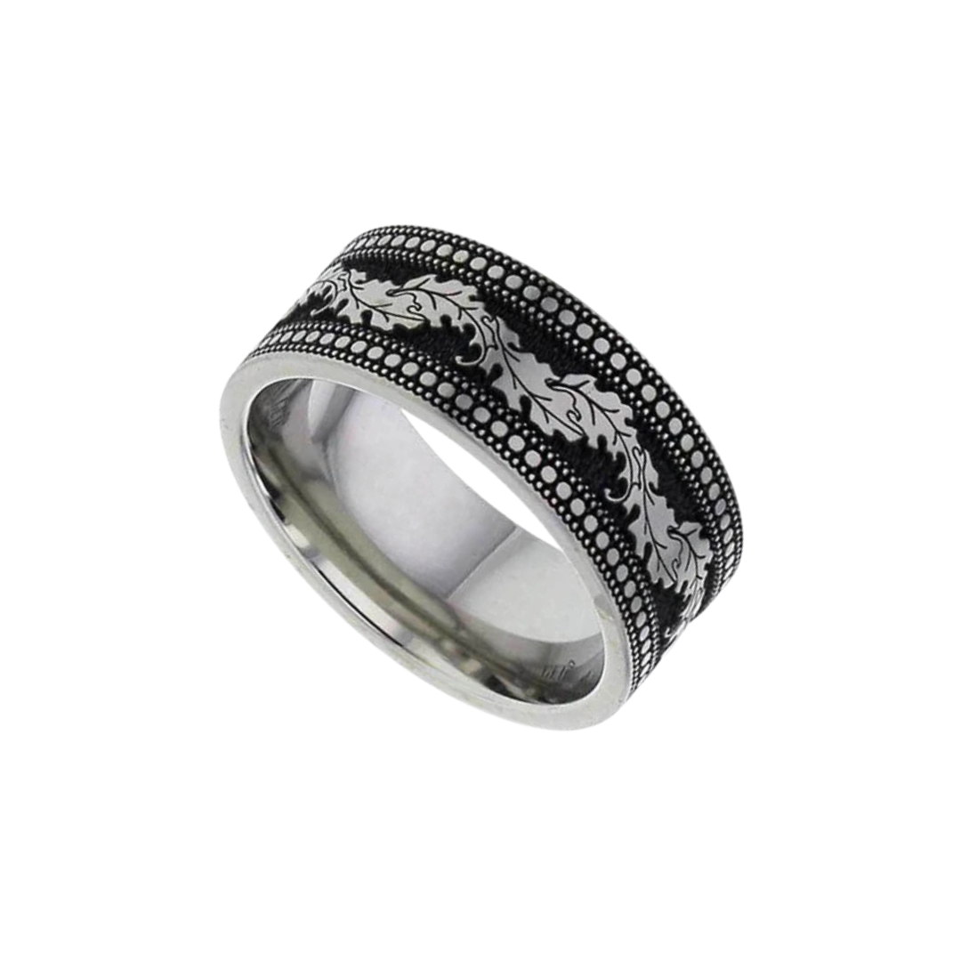 Titanium flat court laser engraved 'Oak' design 6.0mm to 7.0mm ring