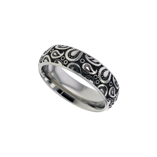 Titanium 'Paisley' laser engrave dome profile 6mm to 7mm wedding band.