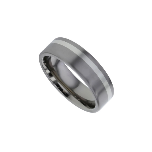 Titanium flat court precious white metal off set stripe 6.0mm to 7.0mm ring.