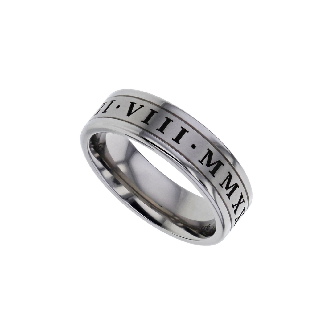 Titanium lined Roman numeral laser engraved ring.