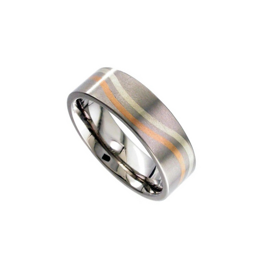 Titanium flat court 6.0mm to 7.0mm Ring with precious metal 'Curved' inlays'