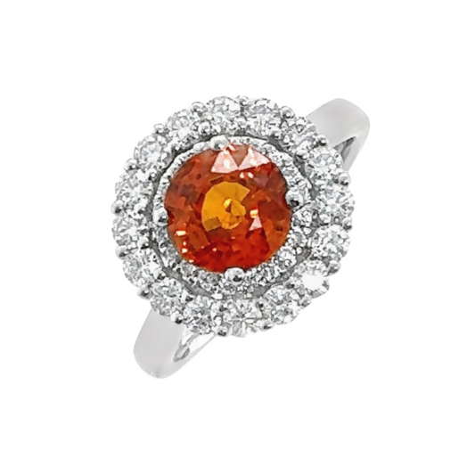 Platinum Round Faceted Intense Orange Sapphire & Brilliant Cut Diamond Double Halo Ring