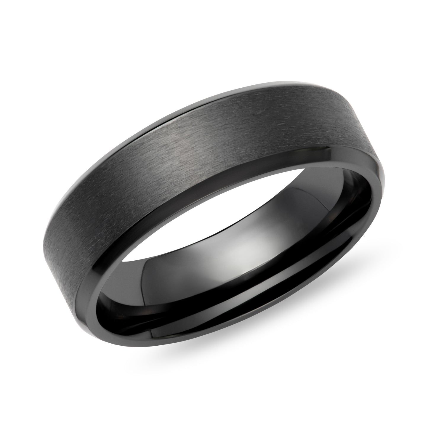 Contemporary matte texture black zirconium wedding ring with polished chamfered edges. Henry D Johnstone Jewellers, Alderley Edge & Poynton Cheshire