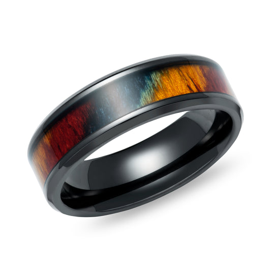 Black zirconium ring with organic wood inlay. Henry D Johnstone Jewellers. Alderley Edge, Poynton, Cheshire.