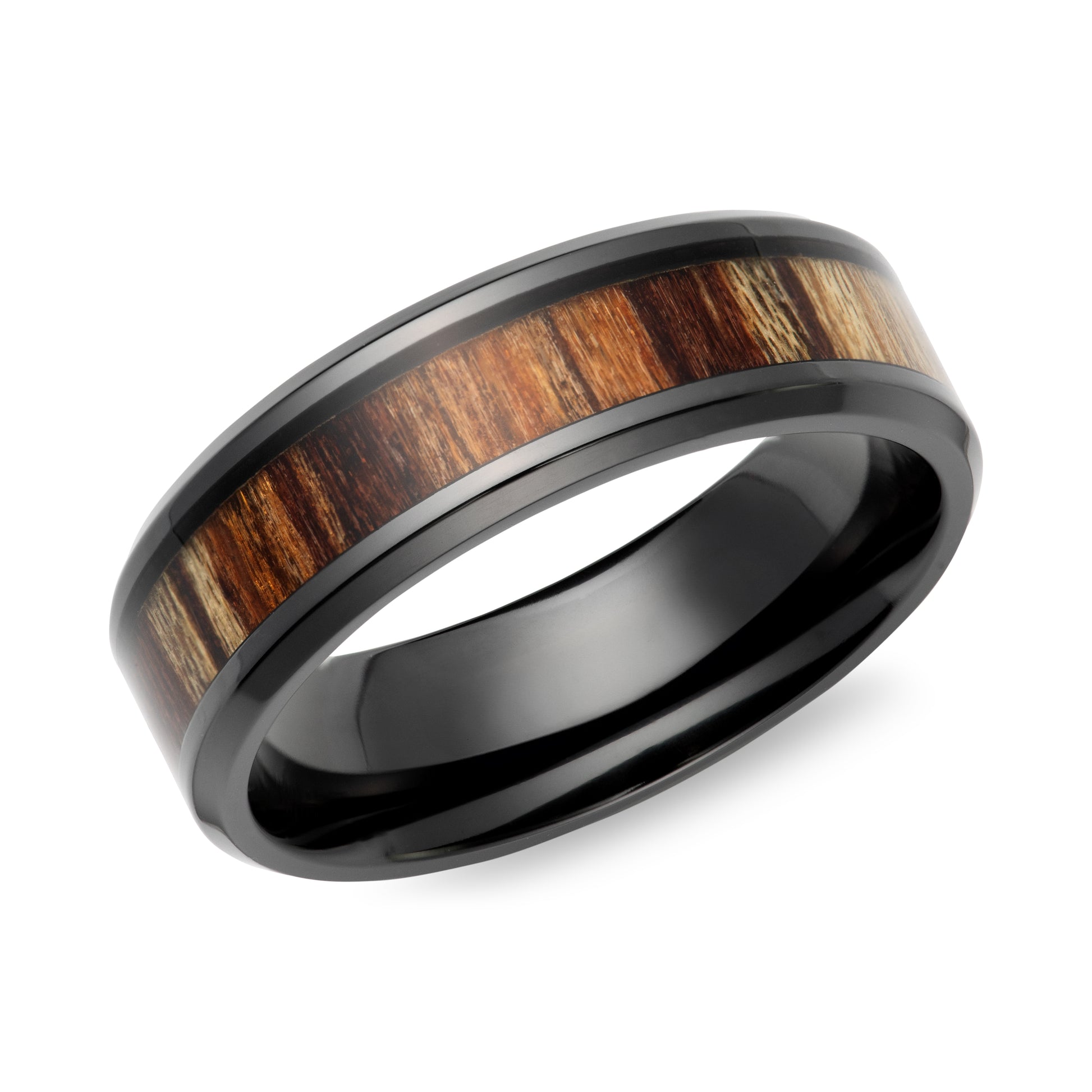 Black Zirconium Wedding Band with Wooden Inlay. Henry D Johnstone Jewellers. Alderley Edge, Poynton, Cheshire.