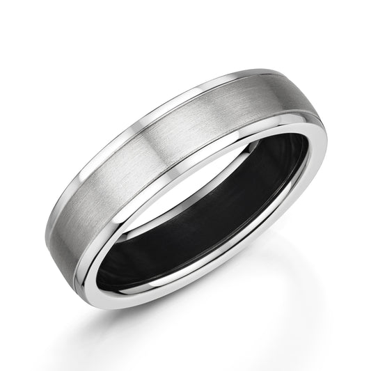 Black Zirconium Matte Finish Platinum Centre with Polished Edges Wedding Band. Henry D Johnstone Jewellers, Alderley Edge and Poynton Cheshire