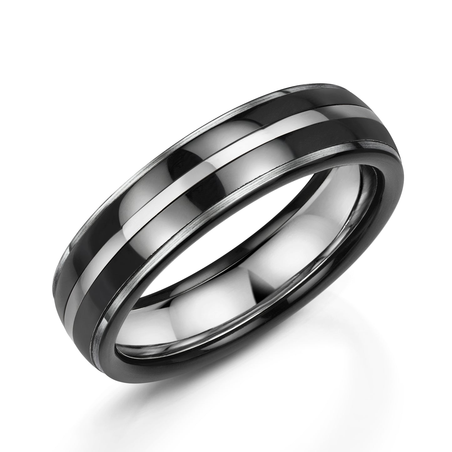 Slight court wedding band with contrasting black zirconium and white gold. HenryD Johnstone Jewellers, Alderley Edge and Poynton, Cheshire