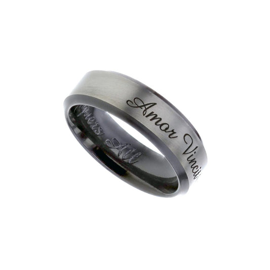 Black zirconium flat profile beveled edged 6.0mm to 7.0mm ring with Latin engraving.