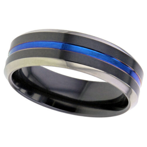 Black Zirconium 7.0mm to 6.0mm beveled edged ring with blue centre.