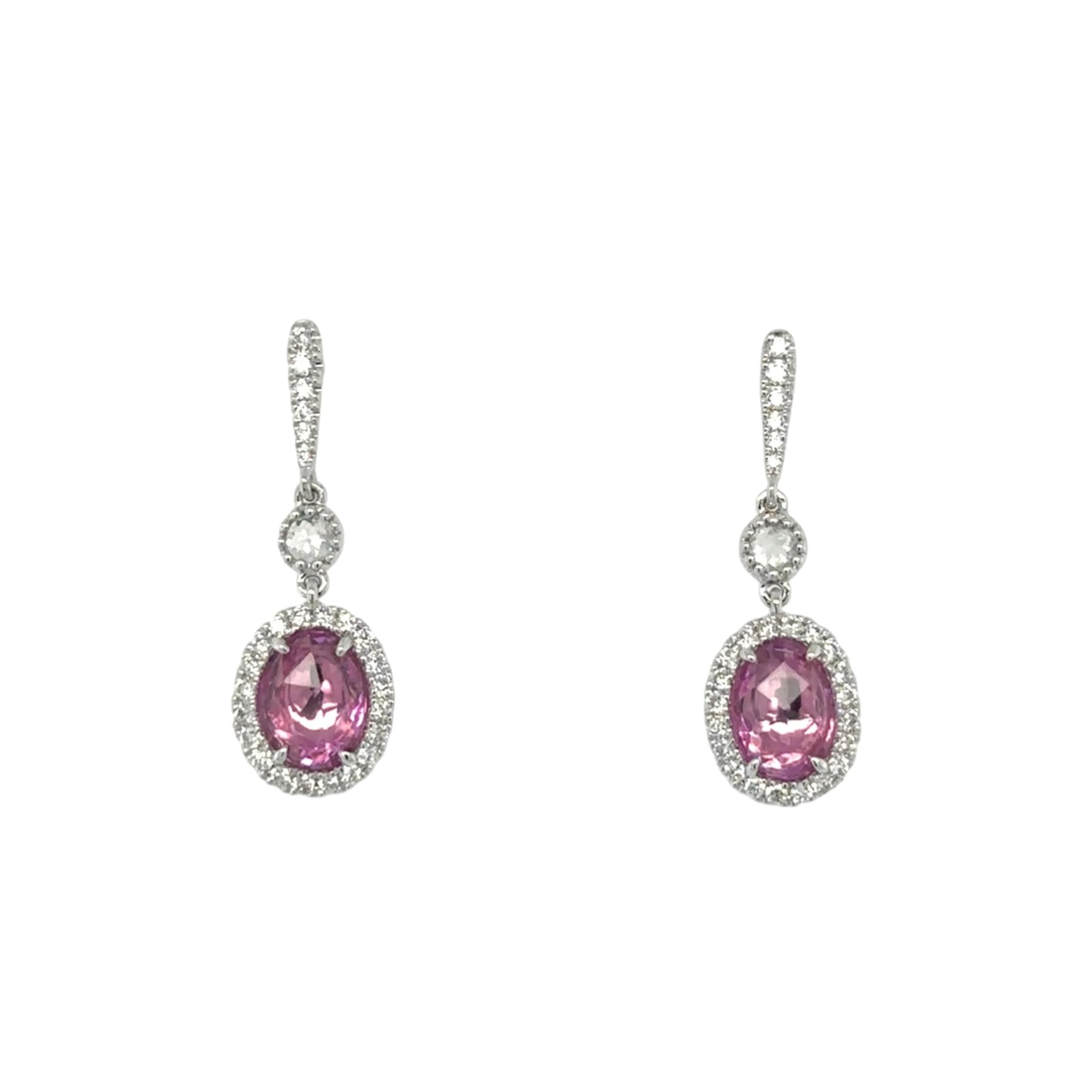 18ct white gold rose cut pink sapphire and brilliant cut diamond drop earrings.