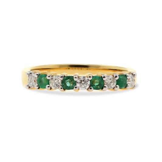 18ct Yellow Gold 9 Stone Emerald & Brilliant Cut Diamond Claw Set Half Eternity Ring.