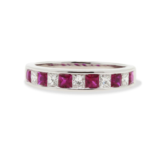 18ct White Gold Ruby & Diamond 11 Stone Channel Set Half Eternity Ring.