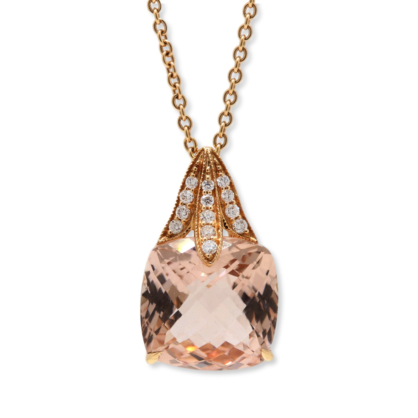 Luxury morganite and diamond pendant. Henry D Johnstone Jewellers, Alderley Edge, Poynton, Cheshire.