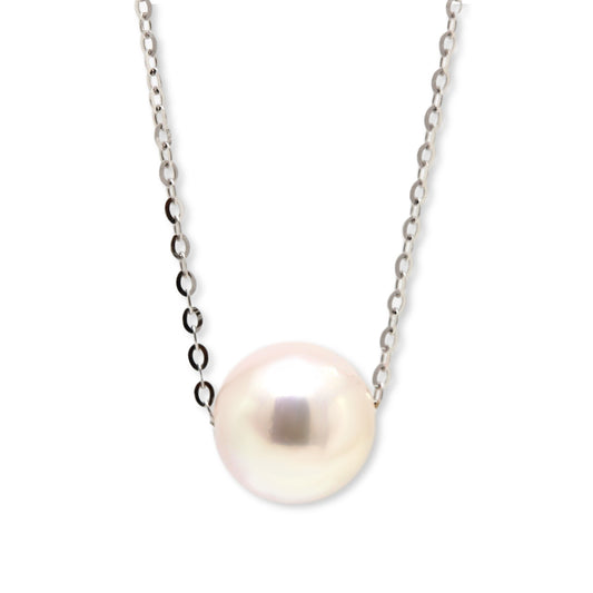 Akoya cultured pearl slider pendant suspended 14ct white gold trace chain.