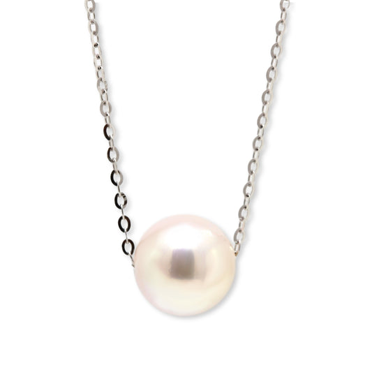 Akoya cultured pearl slider pendant suspended 14ct white gold trace chain. Henry D Johnstone Jewellers, Alderley Edge, Poynton, Cheshire.