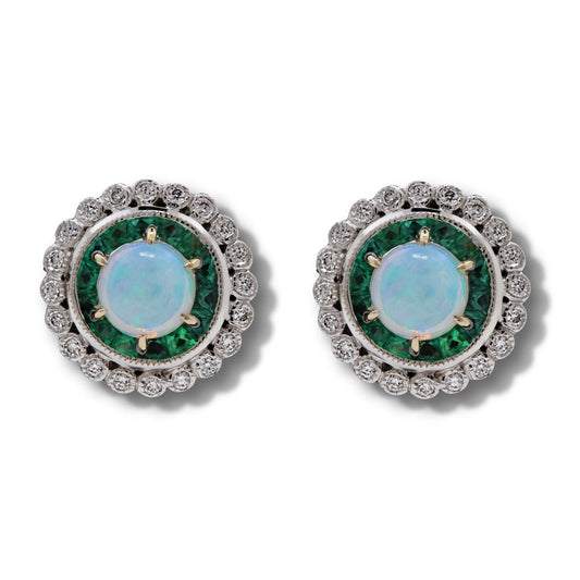 18ct white gold opal, emerald and diamond round cluster stud earrings.