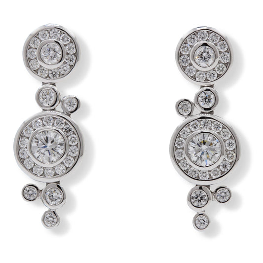 18ct white gold diamond halo 'Bubble' design drop earrings.