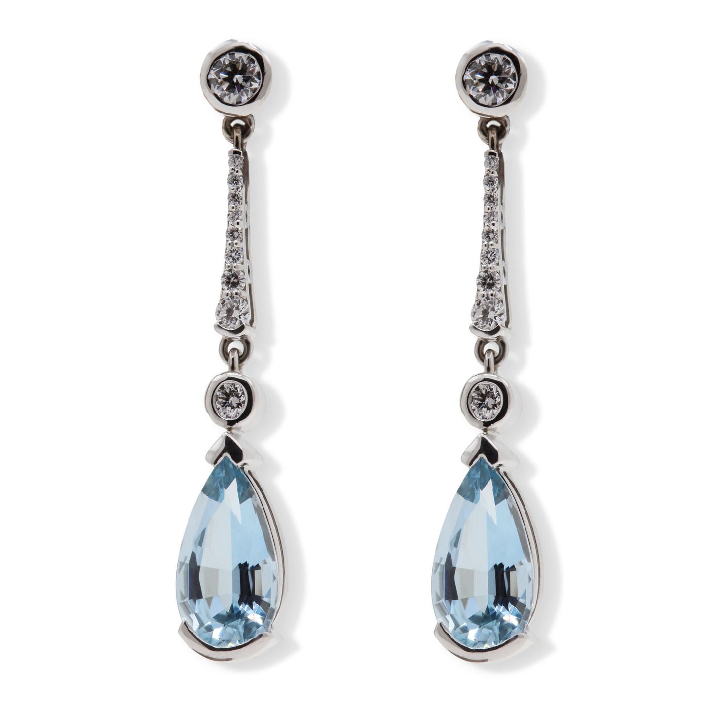 18ct white gold brilliant cut diamond and faceted pear cut aquamarine drop earrings.